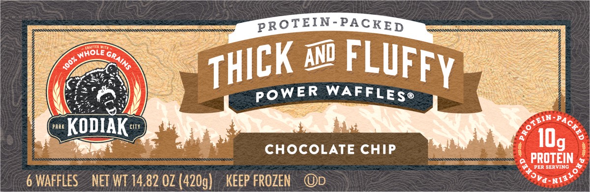 slide 9 of 9, Kodiak Cakes Thick and Fluffy Waffles, Chocolate Chip, 14.82/6 ct, 