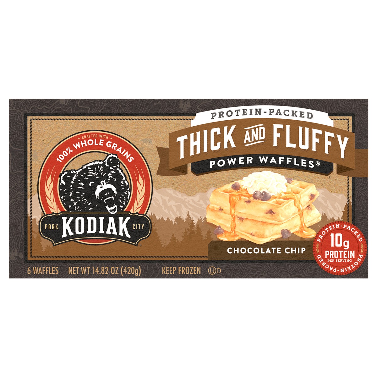 slide 1 of 9, Kodiak Cakes Thick and Fluffy Waffles, Chocolate Chip, 14.82/6 ct, 