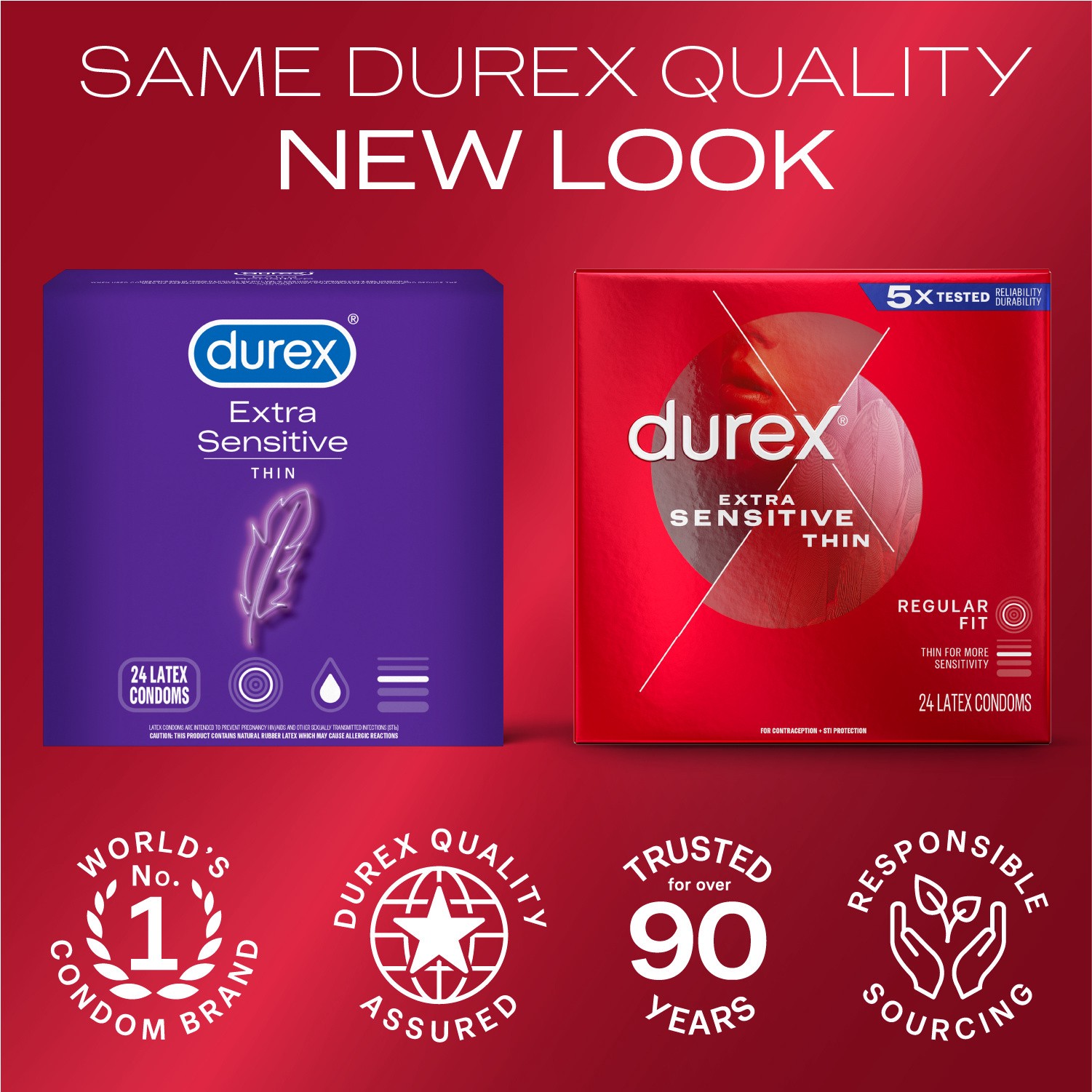 slide 2 of 5, Durex Condom Extra Sensitive Natural Latex Condoms, 24 Count - Ultra Fine & Extra Lubricated, Regular Fit, FSA HSA Eligible, 24 oz