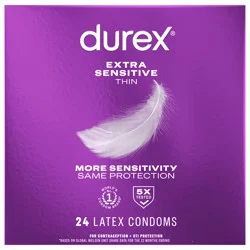 Durex Condom Extra Sensitive Natural Latex Condoms, 24 Count - Ultra Fine & Extra Lubricated, Regular Fit, FSA HSA Eligible