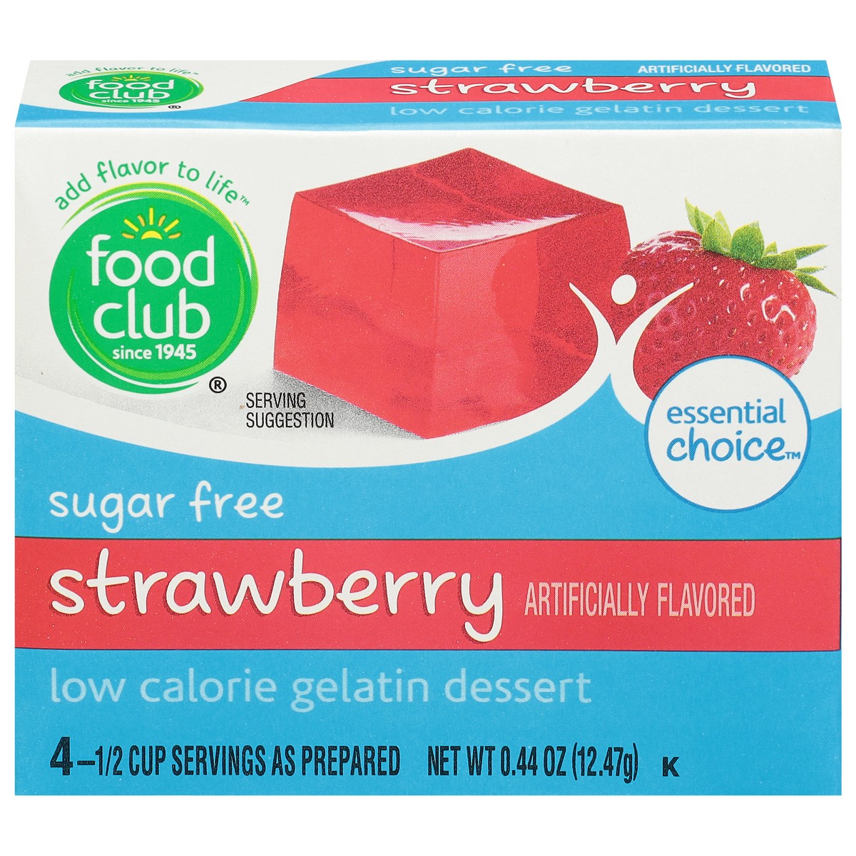 slide 1 of 9, Food Club Essential Choice Sugar Free Low Calorie Strawberry Gelatin Dessert 0.44 oz, 0.44 oz