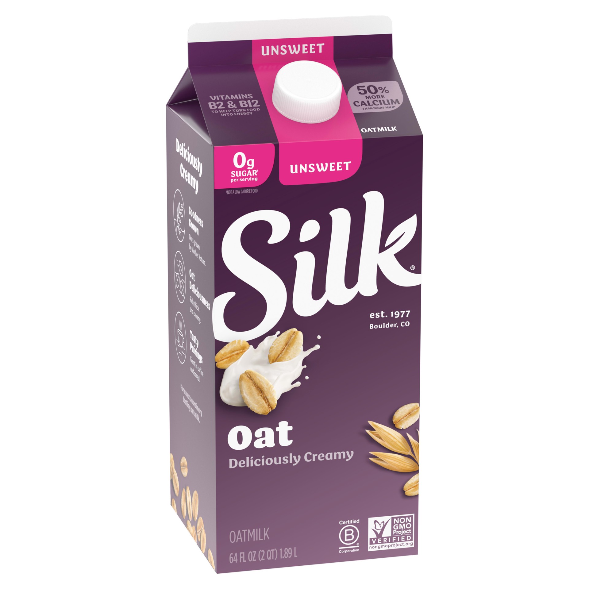 slide 5 of 5, Silk Oat Milk, 0g Sugar, Dairy Free, Gluten Free, Deliciously Creamy Vegan Milk with 50% More Calcium than Dairy Milk, 64 FL OZ Half Gallon, 64 fl oz