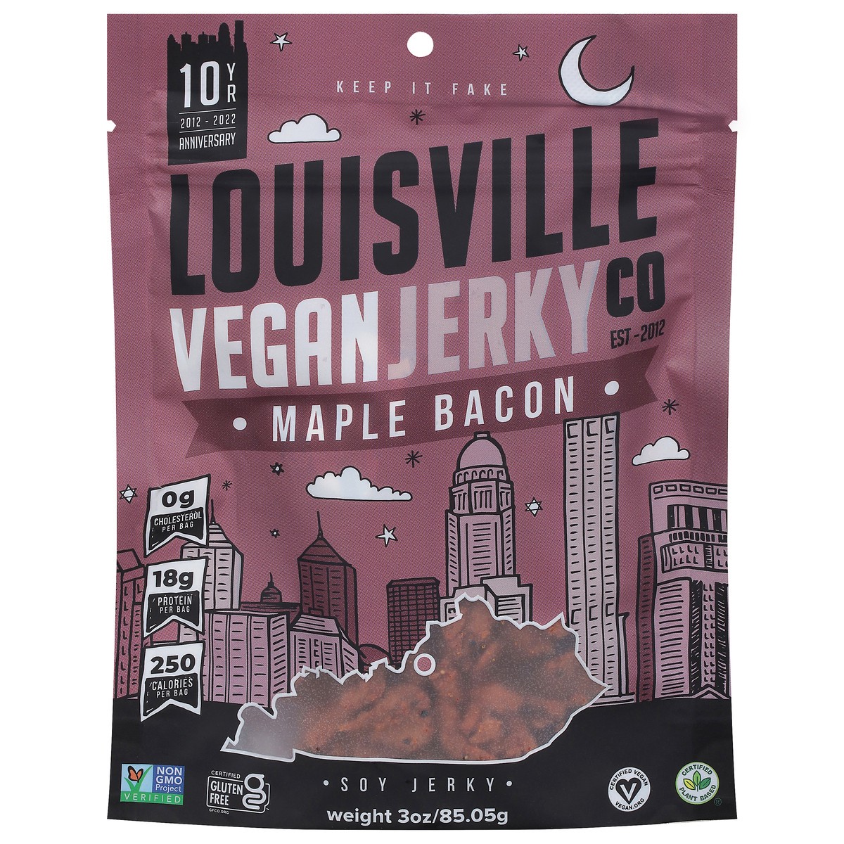 slide 1 of 1, Louisville Vegan Jerky Co. Jerky Vegan Maple Bacon 3Oz, 1 ct