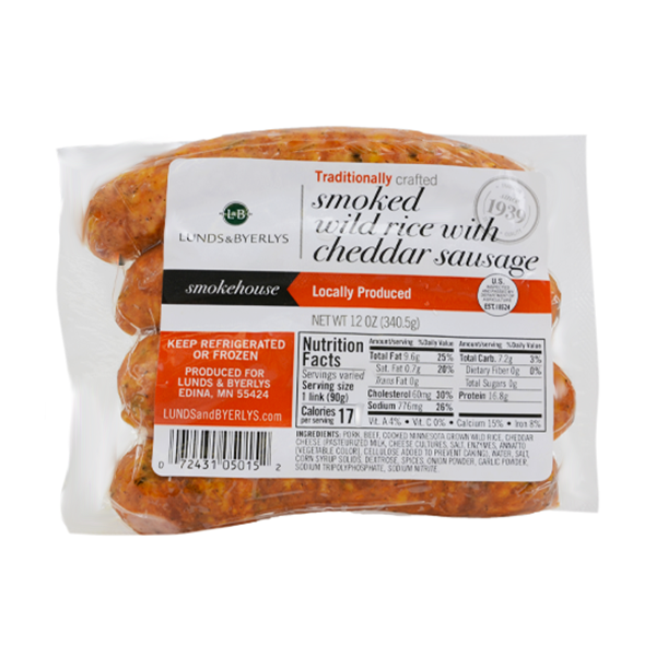 slide 1 of 1, L&B Smoked Wild Rice Sausage With Cheddar Cheese, 12 oz