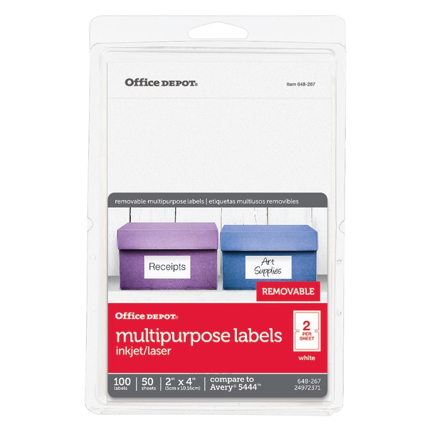 slide 1 of 2, Office Depot Brand Removable Inkjet/Laser Labels, Od98813, 4'' X 2'', White, Pack Of 100, 100 ct