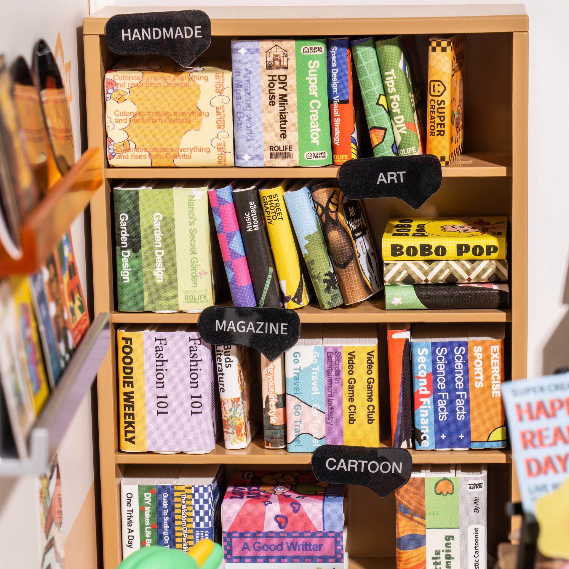 slide 6 of 8, Robotime Rolife Super Creator Fascinating Book Store Diy Miniature Kit, 5.98 in x 6.93 in x 6.42 in