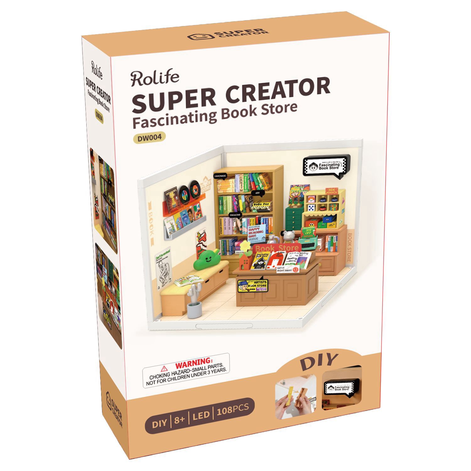 slide 3 of 8, Robotime Rolife Super Creator Fascinating Book Store Diy Miniature Kit, 5.98 in x 6.93 in x 6.42 in