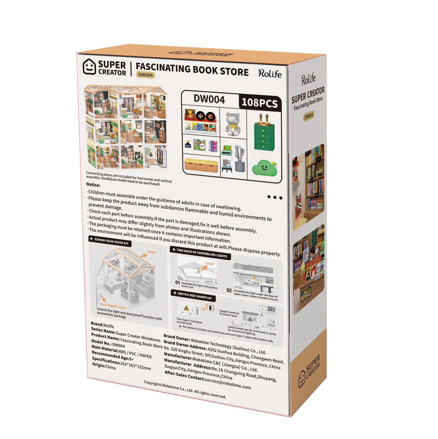 slide 8 of 8, Robotime Rolife Super Creator Fascinating Book Store Diy Miniature Kit, 5.98 in x 6.93 in x 6.42 in