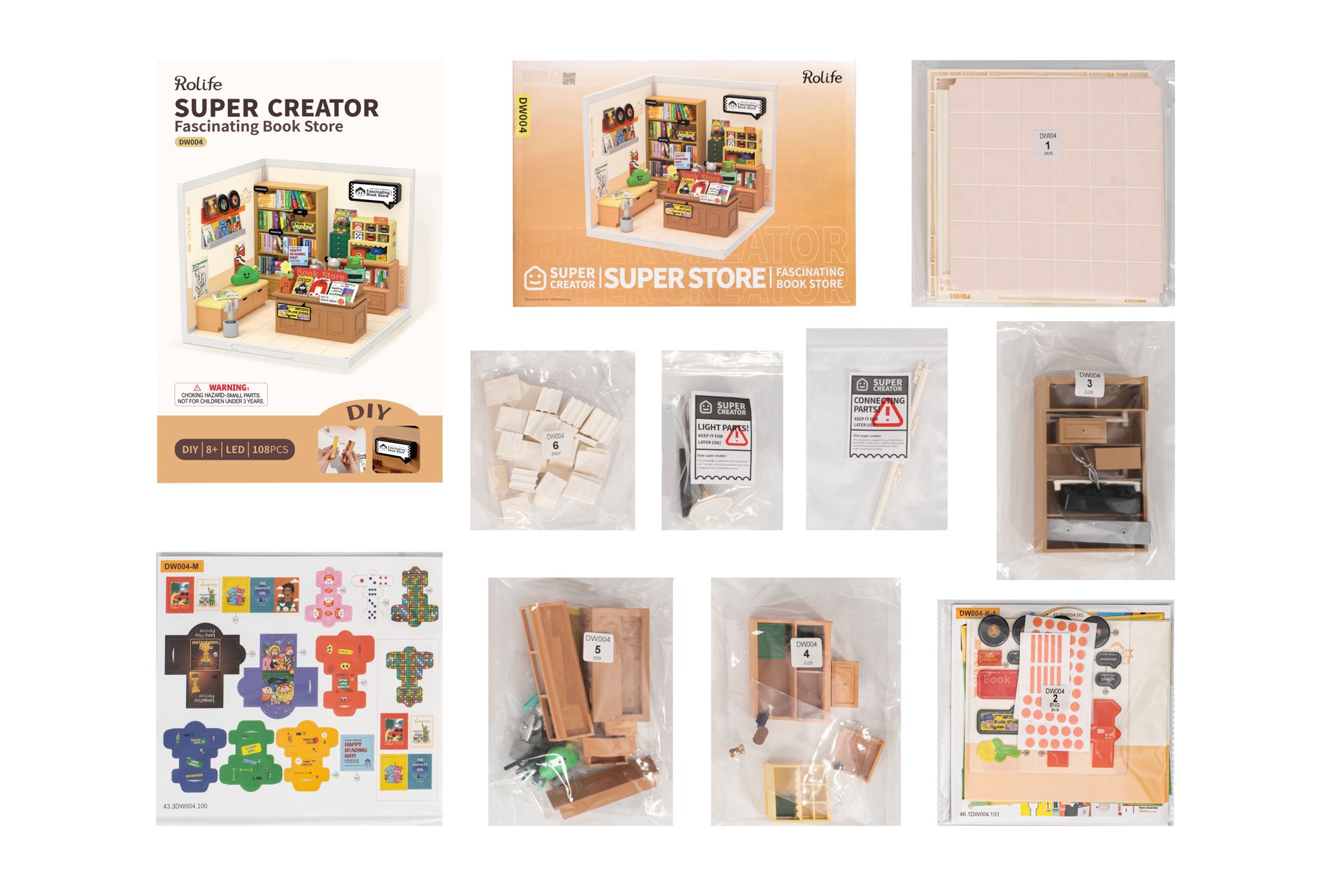 slide 7 of 8, Robotime Rolife Super Creator Fascinating Book Store Diy Miniature Kit, 5.98 in x 6.93 in x 6.42 in