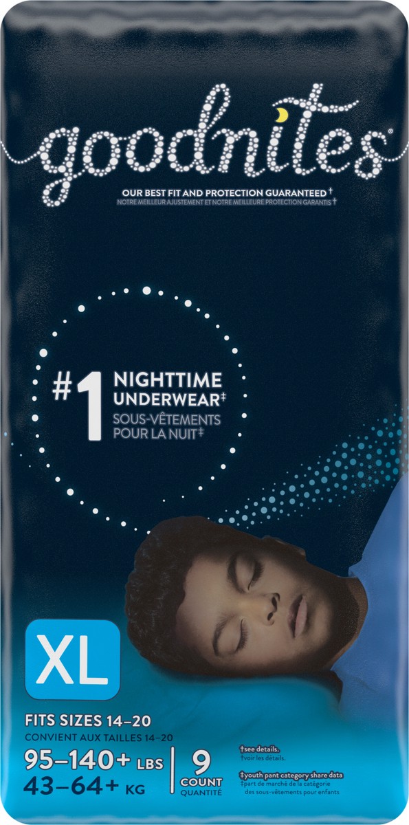 slide 8 of 9, Goodnites Overnight Underwear for Boys, XL (95-140 lb.), 9 Ct, 9 ct