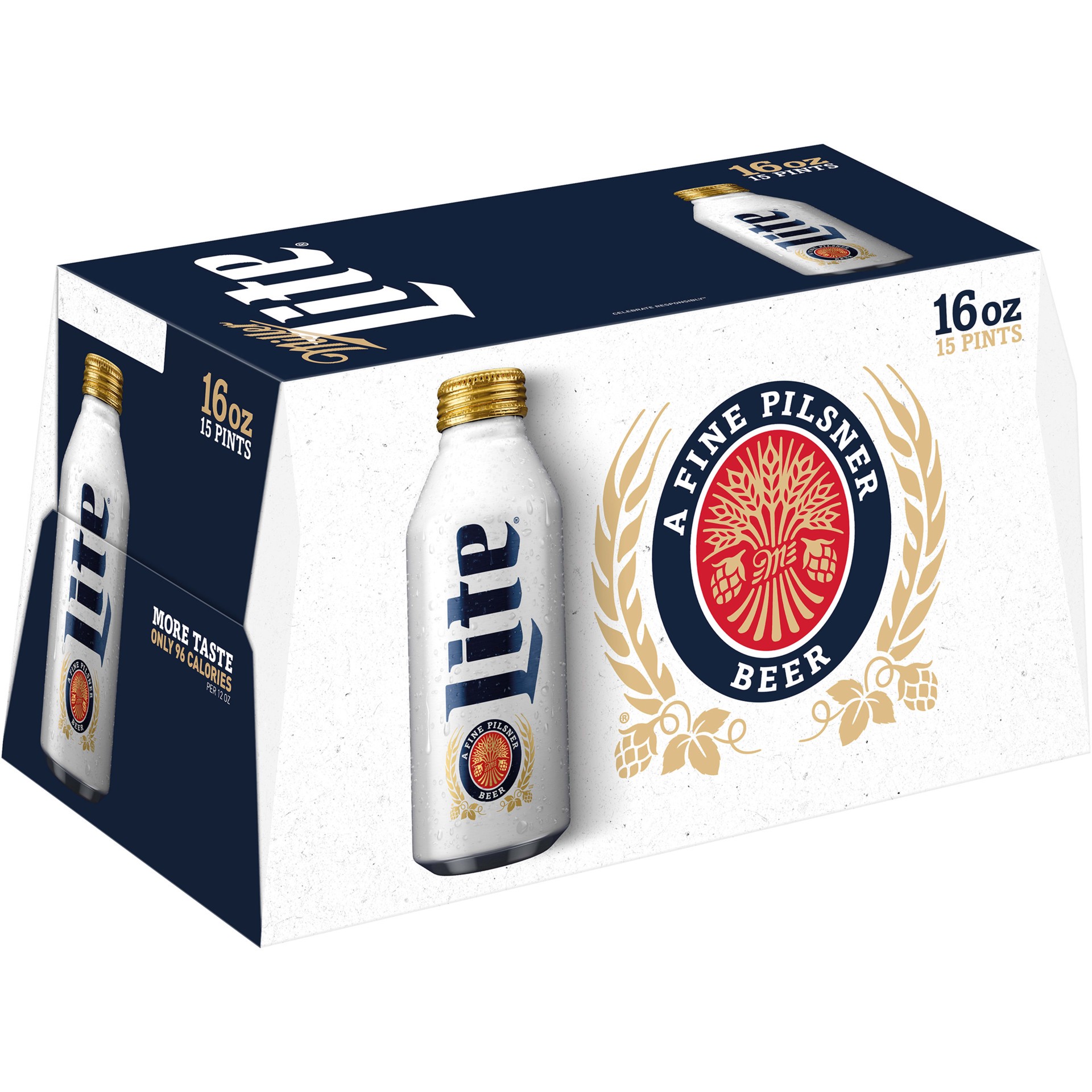 slide 3 of 5, Miller Lite Lager Beer, 4.2% ABV, 15-pack, 16-oz. beer bottles, 240 oz