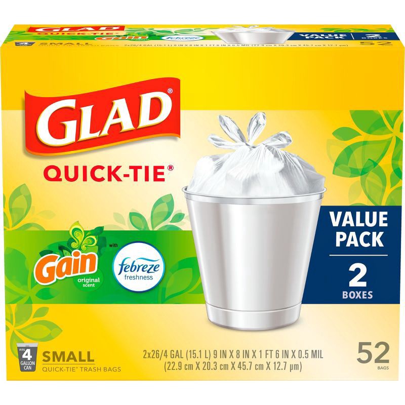slide 15 of 20, Glad Small Quick Tie Trash Bags - Gain Original - 4gal/52ct, 2 ct; 26 ct