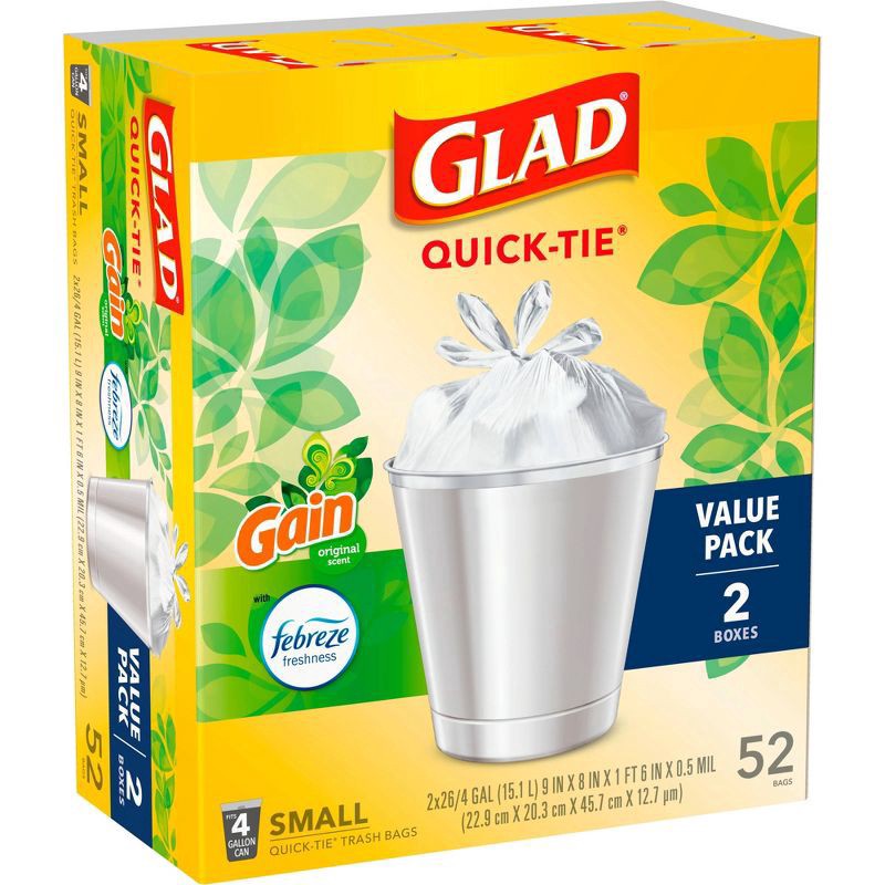 slide 7 of 20, Glad Small Quick Tie Trash Bags - Gain Original - 4gal/52ct, 2 ct; 26 ct