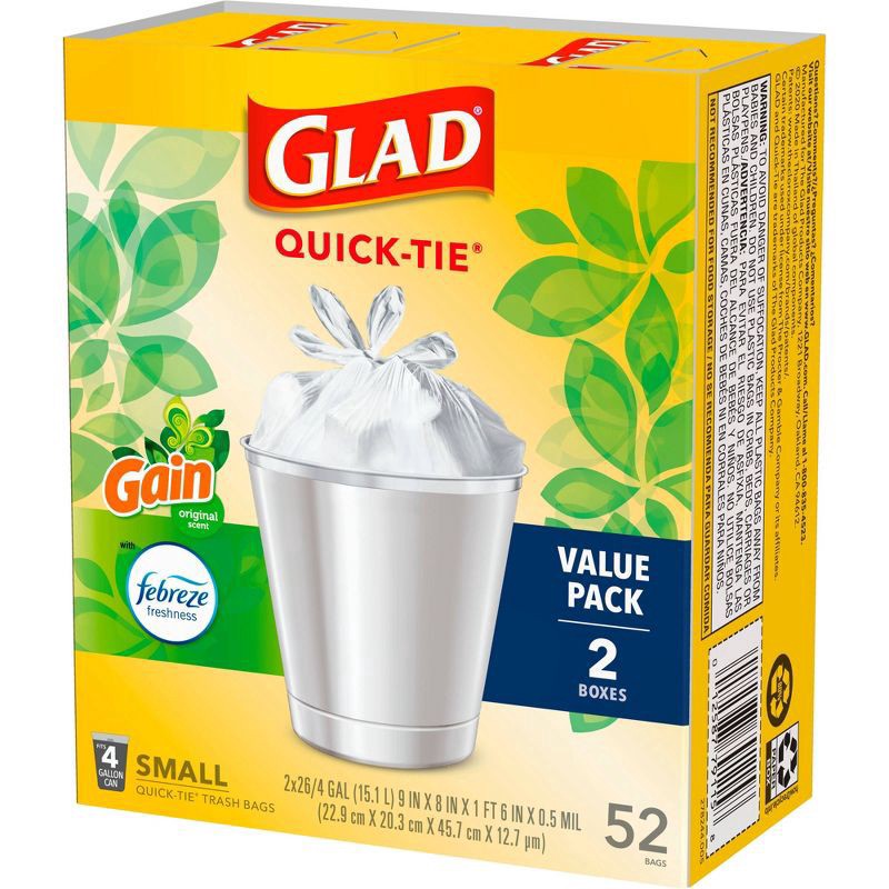 slide 14 of 20, Glad Small Quick Tie Trash Bags - Gain Original - 4gal/52ct, 2 ct; 26 ct