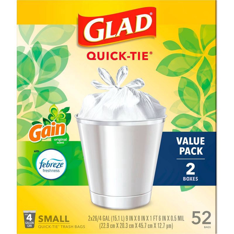 slide 3 of 20, Glad Small Quick Tie Trash Bags - Gain Original - 4gal/52ct, 2 ct; 26 ct