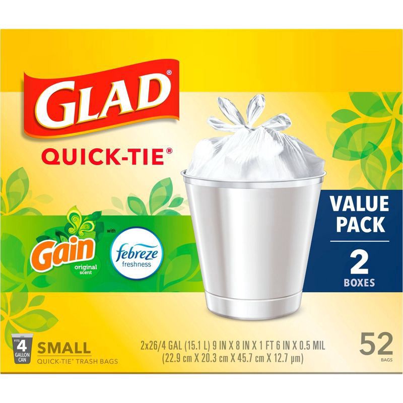 slide 18 of 20, Glad Small Quick Tie Trash Bags - Gain Original - 4gal/52ct, 2 ct; 26 ct