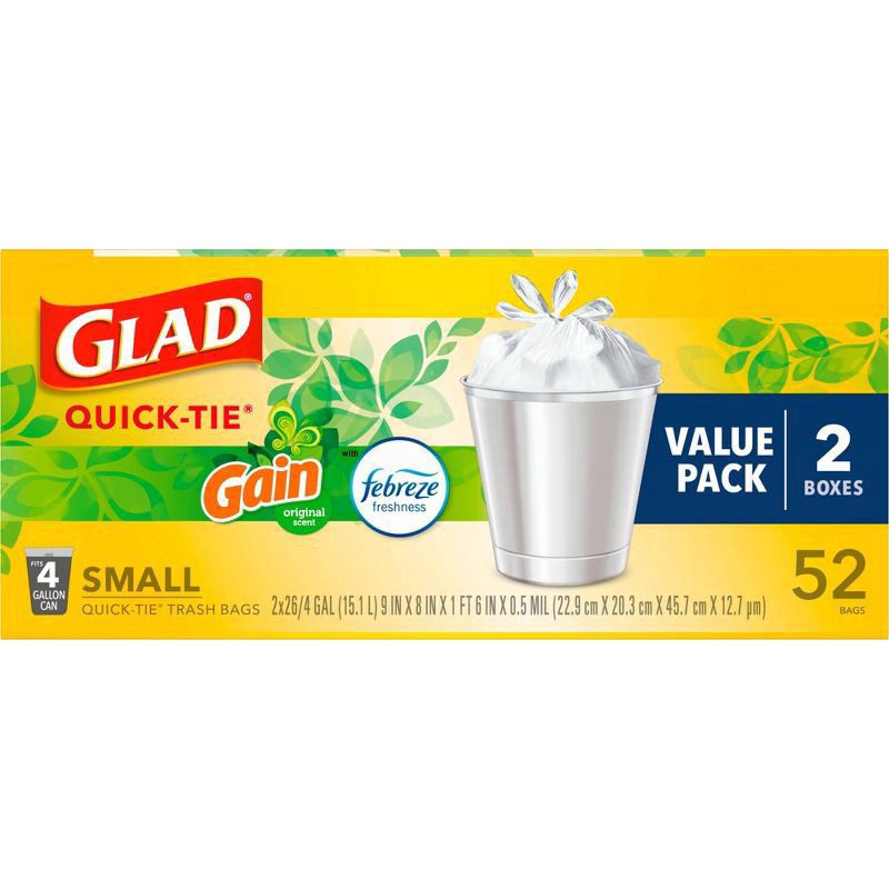 slide 6 of 20, Glad Small Quick Tie Trash Bags - Gain Original - 4gal/52ct, 2 ct; 26 ct