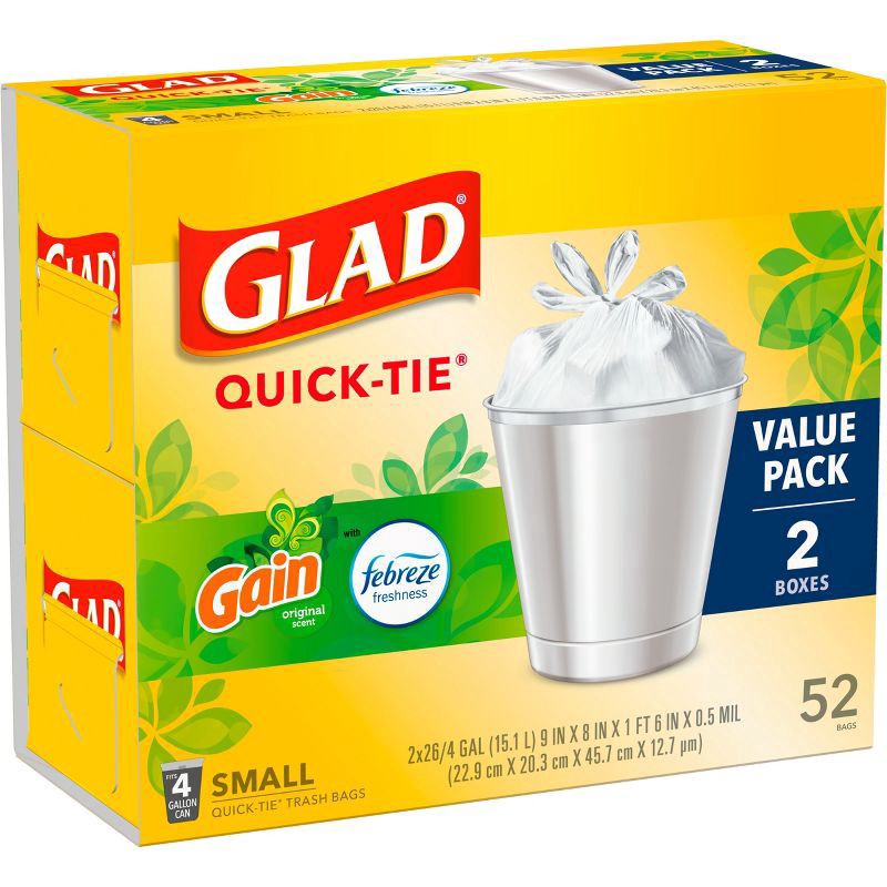 slide 17 of 20, Glad Small Quick Tie Trash Bags - Gain Original - 4gal/52ct, 2 ct; 26 ct