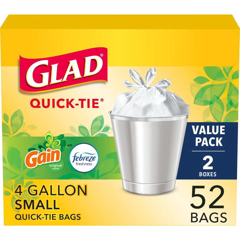 slide 1 of 20, Glad Small Quick Tie Trash Bags - Gain Original - 4gal/52ct, 2 ct; 26 ct