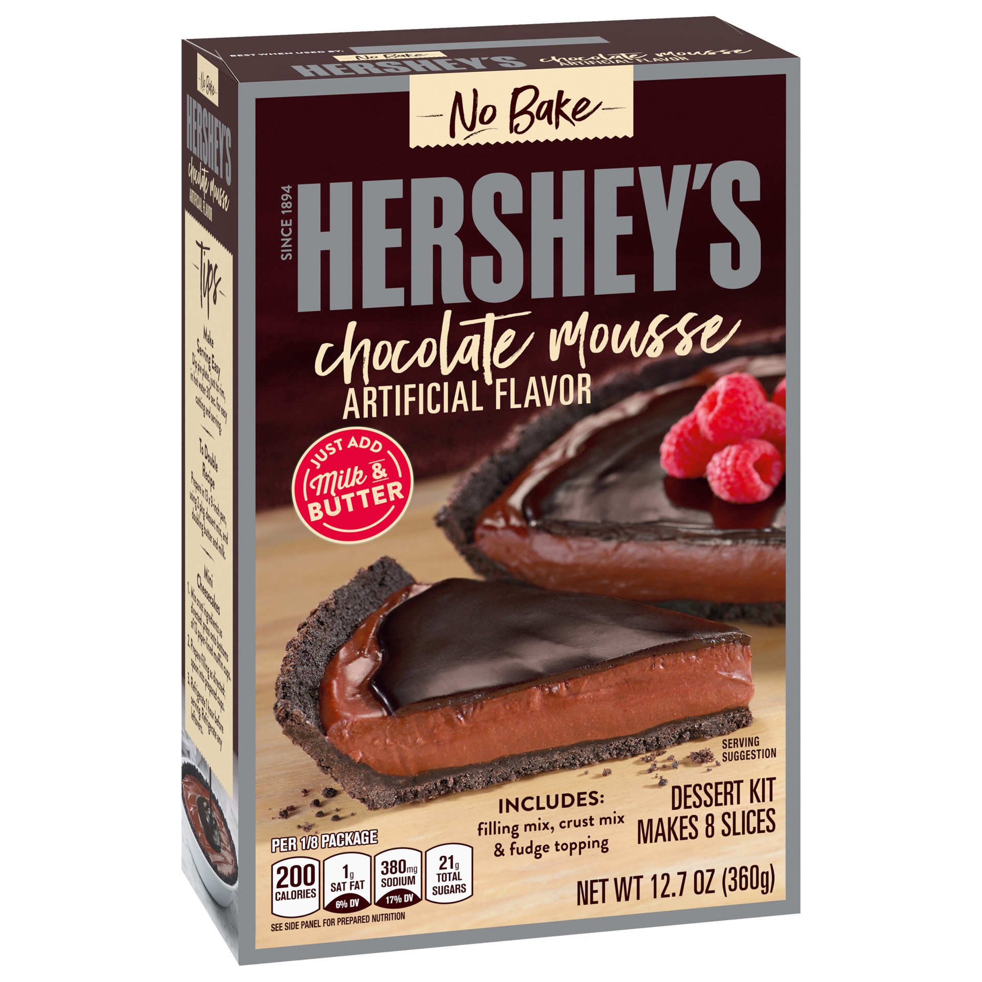 slide 4 of 5, Hershey's No Bake Chocolate Mousse Dessert Kit with Filling Mix, Cust Mix & Fudge Topping, 12.7 oz Box, 12.7 oz