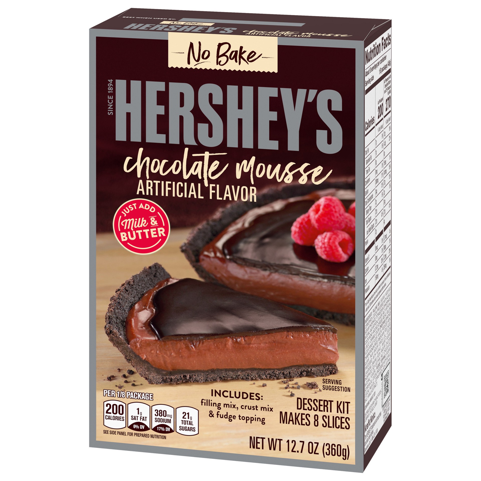 slide 5 of 5, Hershey's No Bake Chocolate Mousse Dessert Kit with Filling Mix, Cust Mix & Fudge Topping, 12.7 oz Box, 12.7 oz