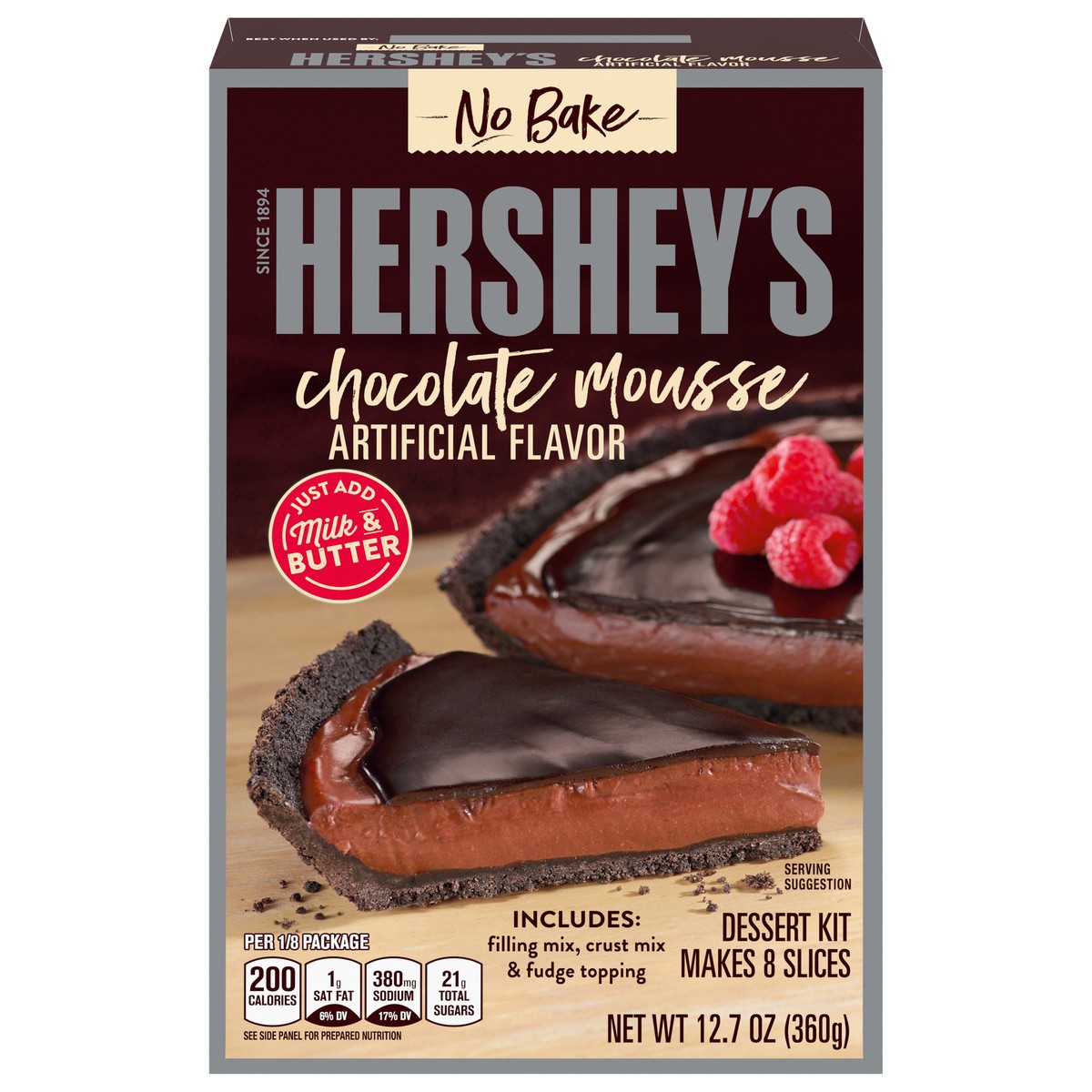 slide 1 of 5, Hershey's No Bake Chocolate Mousse Dessert Kit with Filling Mix, Cust Mix & Fudge Topping, 12.7 oz Box, 12.7 oz