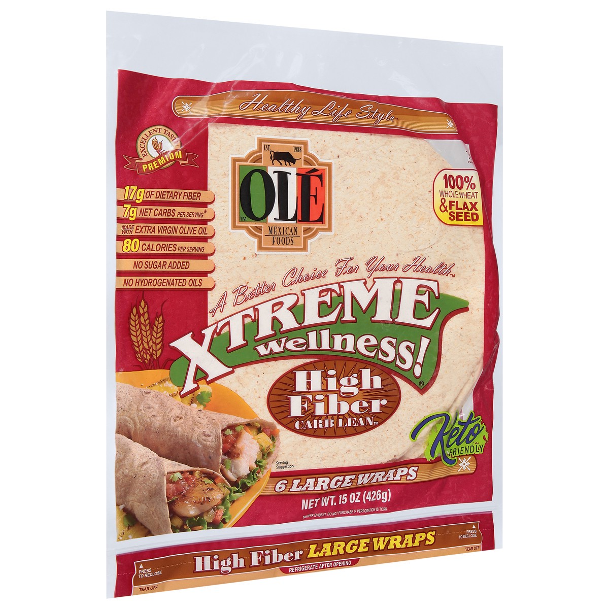 slide 3 of 9, Olé Mexican Foods Olé Xtreme Wellness High Fiber, 10" Tortillas, Keto Friendly, 15 oz