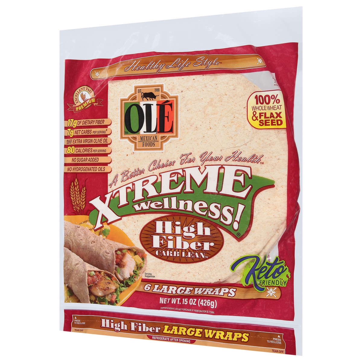 slide 4 of 9, Olé Mexican Foods Olé Xtreme Wellness High Fiber, 10" Tortillas, Keto Friendly, 15 oz