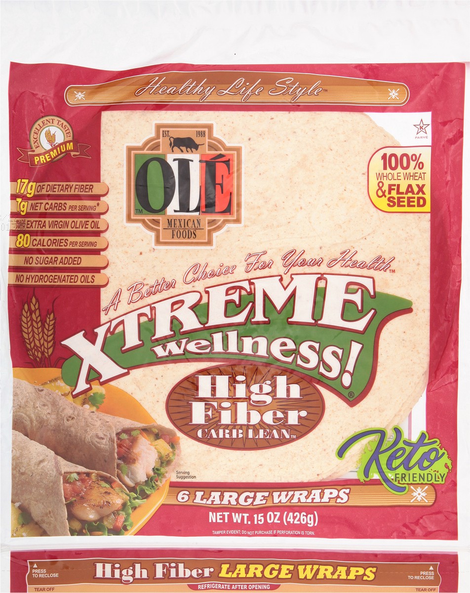 slide 6 of 9, Olé Mexican Foods Olé Xtreme Wellness High Fiber, 10" Tortillas, Keto Friendly, 15 oz