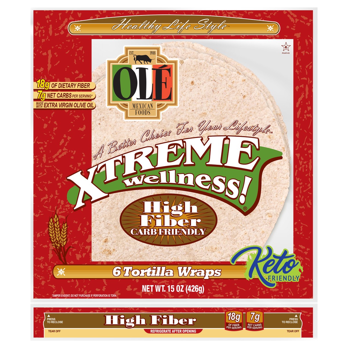 slide 1 of 9, Olé Mexican Foods Olé Xtreme Wellness High Fiber, 10" Tortillas, Keto Friendly, 15 oz