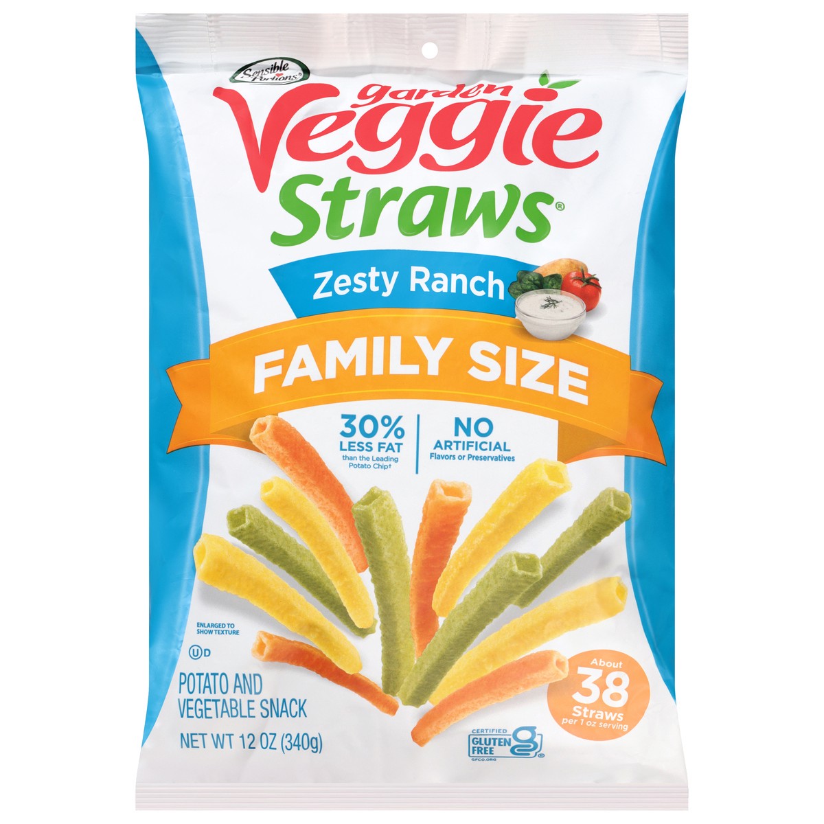 slide 1 of 7, Sensible Portions Garden Veggie Straws Zesty Ranch Potato and Vegetable Snack Family Size 12 oz, 12 oz