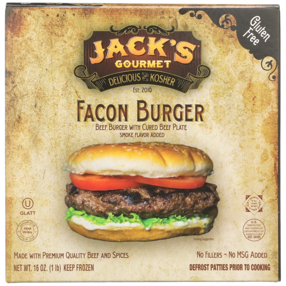 slide 1 of 1, Jack's Gourmet Delicious And Kosher Facon Burger Patties, 16 oz