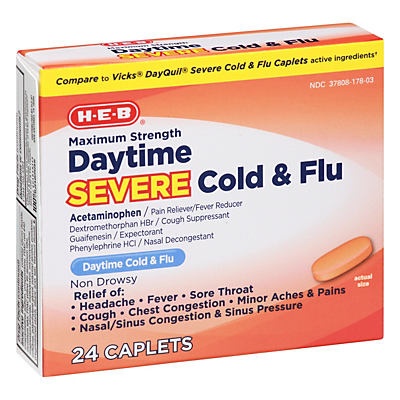 slide 1 of 1, H-E-B Daytime Severe Cold and Flu Caplets, 24 ct