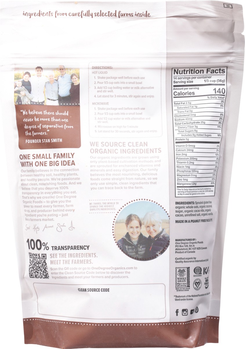 slide 6 of 12, One Degree Organic Foods, Sprouted Cacao Nib Instant Oatmeal, 18 oz