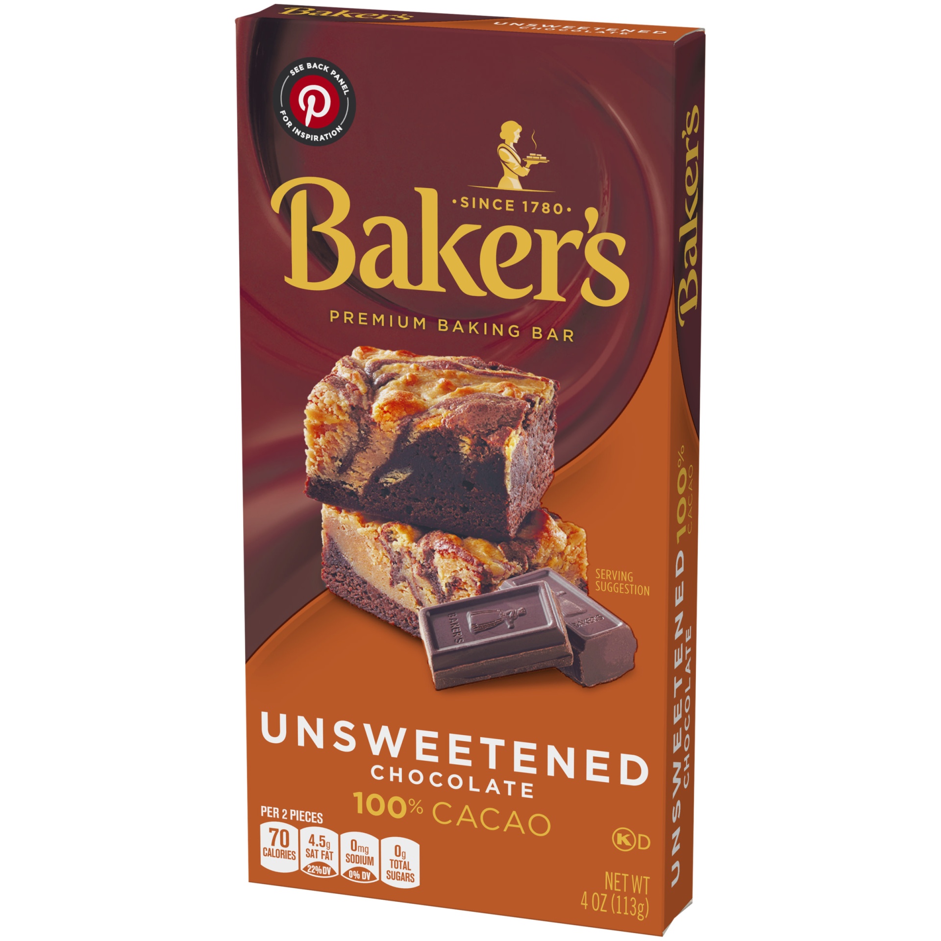 Baker's Unsweetened Chocolate Premium Baking Bar with 100 Cacao 4 oz
