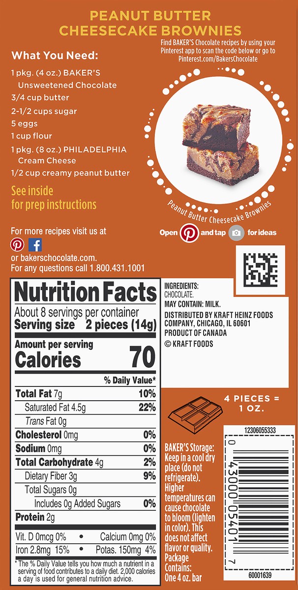 slide 5 of 9, Baker's Unsweetened Chocolate Premium Baking Bar with 100 % Cacao, 4 oz Box, 4 oz