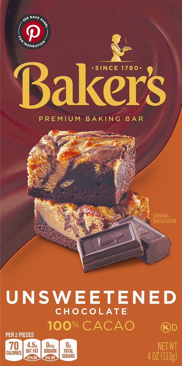 slide 6 of 9, Baker's Unsweetened Chocolate Premium Baking Bar with 100 % Cacao, 4 oz Box, 4 oz