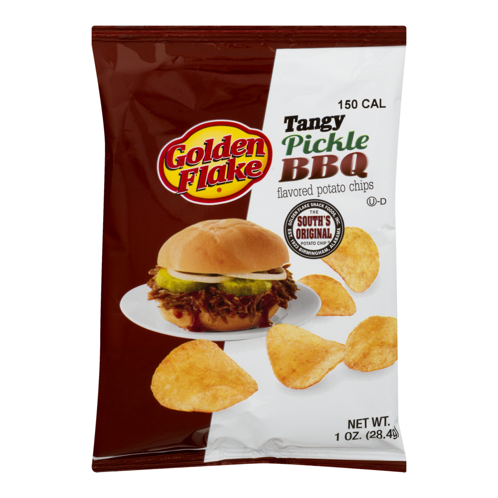 slide 1 of 1, Golden Flake Tangy Pickle BBQ Potato Chips, 1 oz