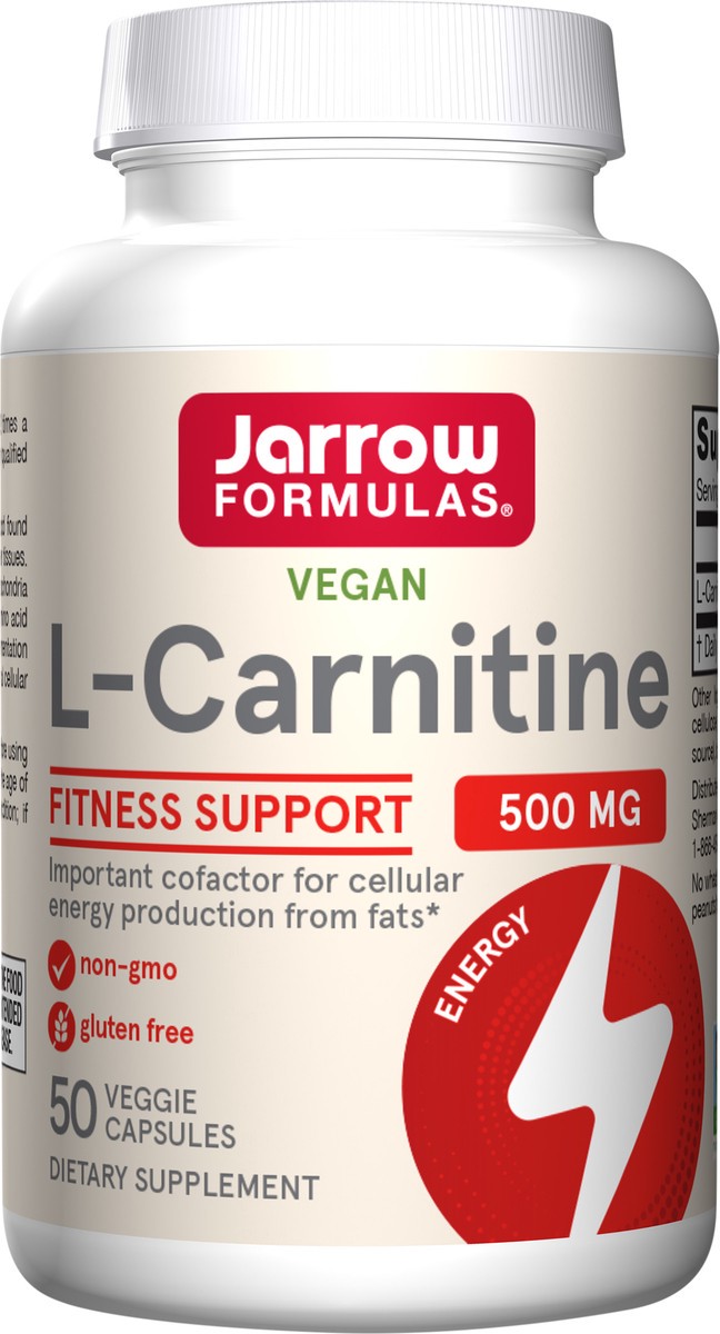 slide 2 of 4, Jarrow Formulas L-Carnitine 500 mg - Important Cofactor for Energy Production (ATP) From Fats - L-Carnitine as L-Carnitine Tartrate - Dietary Supplement - 50 Veggie Capsules, 50 ct