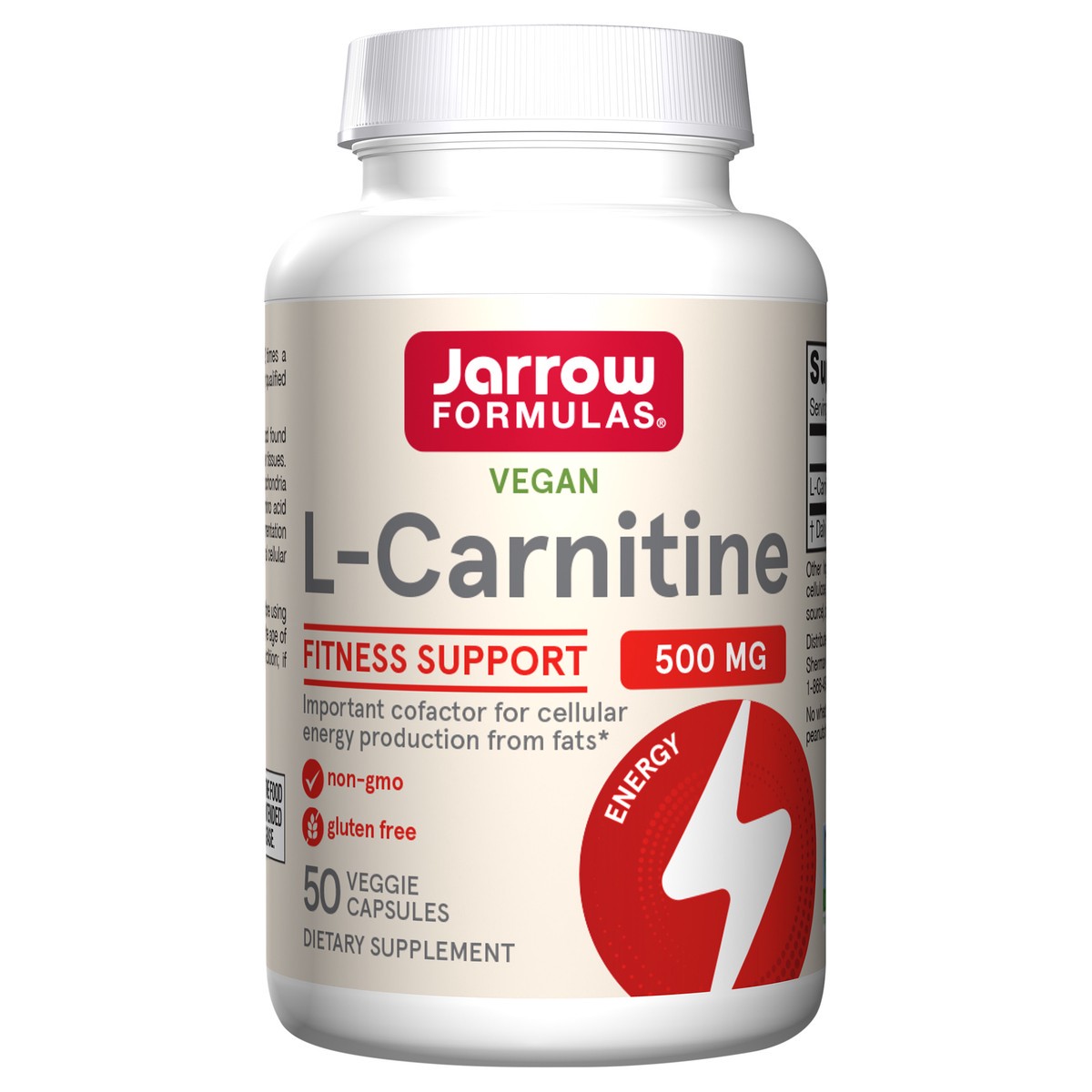 slide 4 of 4, Jarrow Formulas L-Carnitine 500 mg - Important Cofactor for Energy Production (ATP) From Fats - L-Carnitine as L-Carnitine Tartrate - Dietary Supplement - 50 Veggie Capsules, 50 ct