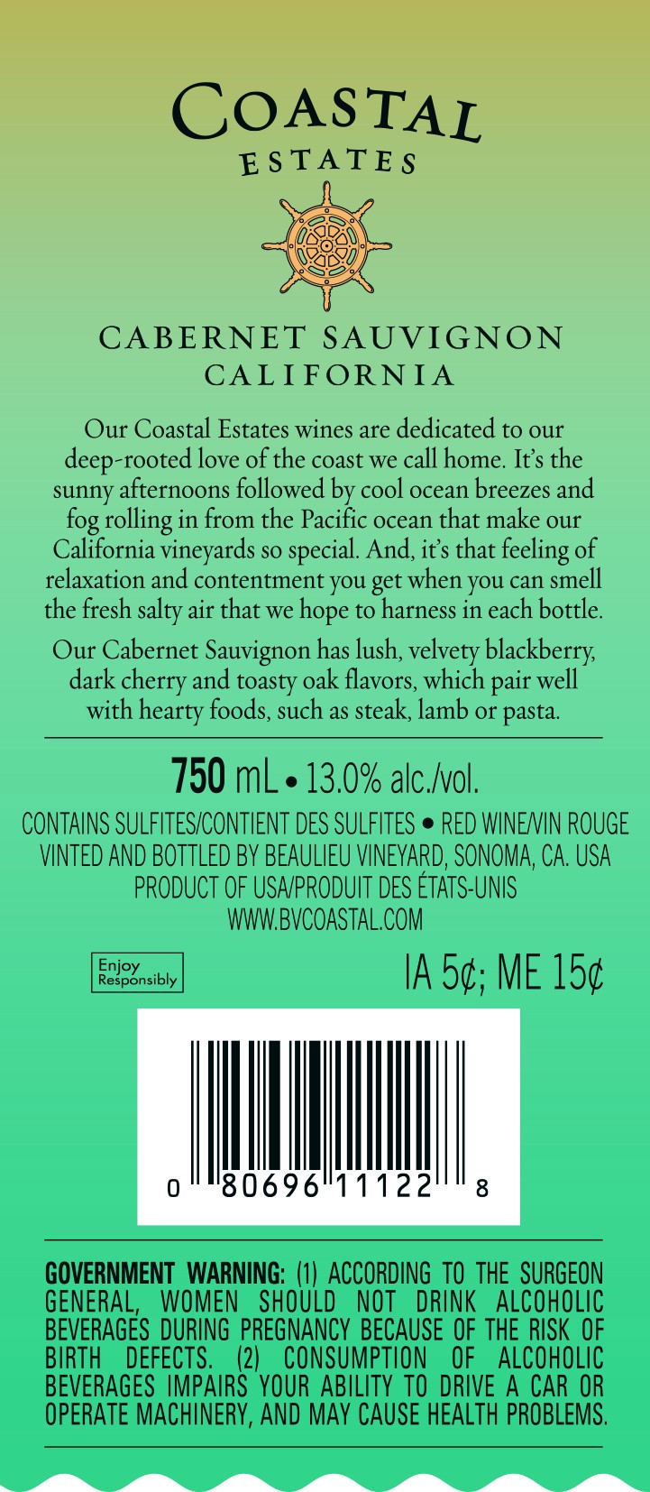 slide 4 of 4, Coastal Estates Cabernet Sauvignon, Red Wine, California 2018, 1 ct, 750ml Bottle, 750 ml