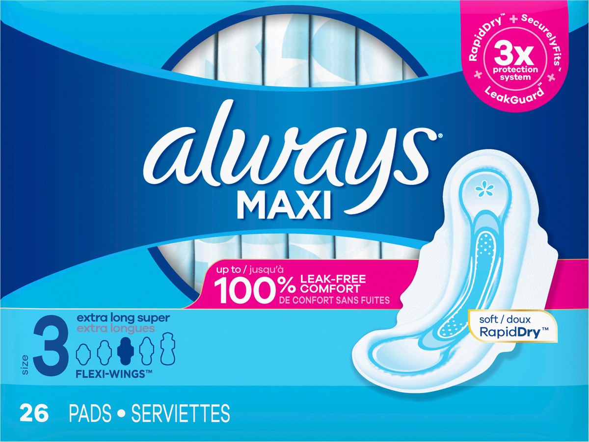 slide 2 of 2, Always Maxi Feminine Pads with Wings for Women, Size 3, Extra Long Super Absorbency, Unscented 26 Count, Size 3