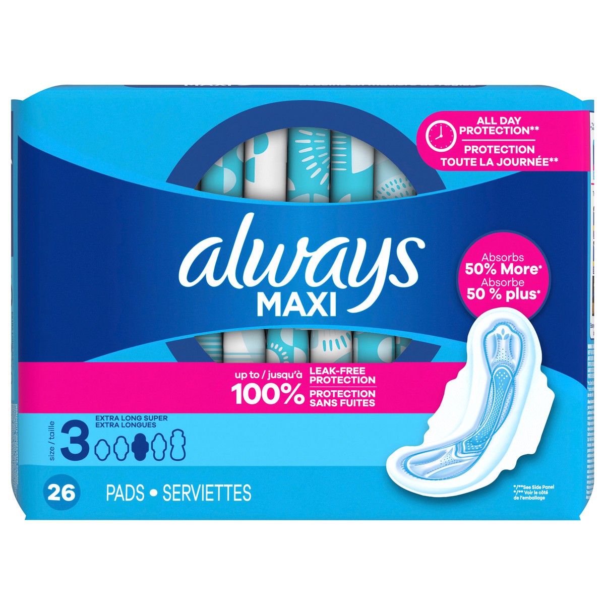 slide 1 of 2, Always Maxi Feminine Pads with Wings for Women, Size 3, Extra Long Super Absorbency, Unscented 26 Count, Size 3