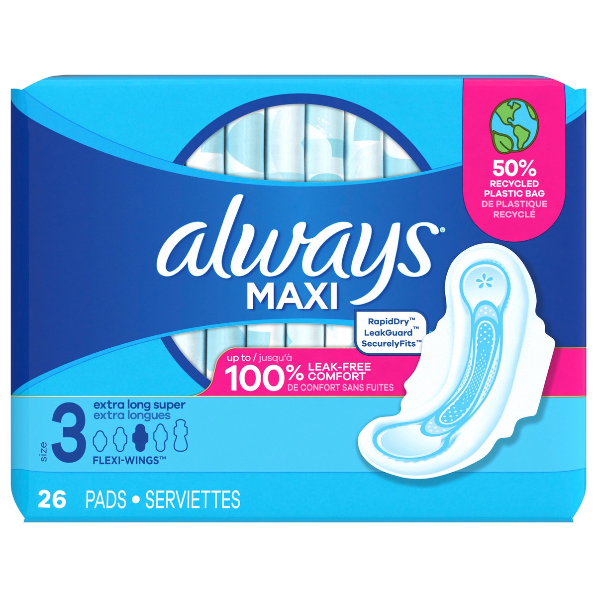 slide 1 of 2, Always Maxi Feminine Pads with Wings for Women, Size 3, Extra Long Super Absorbency, Unscented 26 Count, Size 3