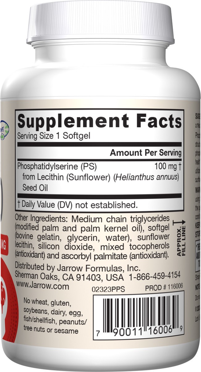 slide 4 of 4, Jarrow Formulas PS 100 - 60 Softgels - 100 mg Phosphatidylserine (PS) - Cognition Support - Dietary Supplement Promotes Brain Health - Soy Free - Up to 60 Servings, 60 ct