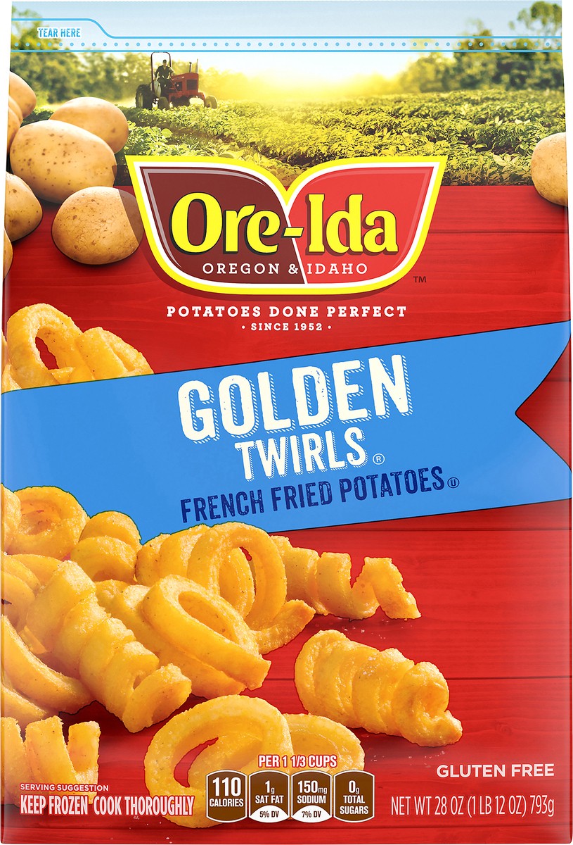 slide 2 of 9, Ore-Ida Golden Twirls French Fries Fried Frozen Potatoes, 28 oz Bag, 28 oz