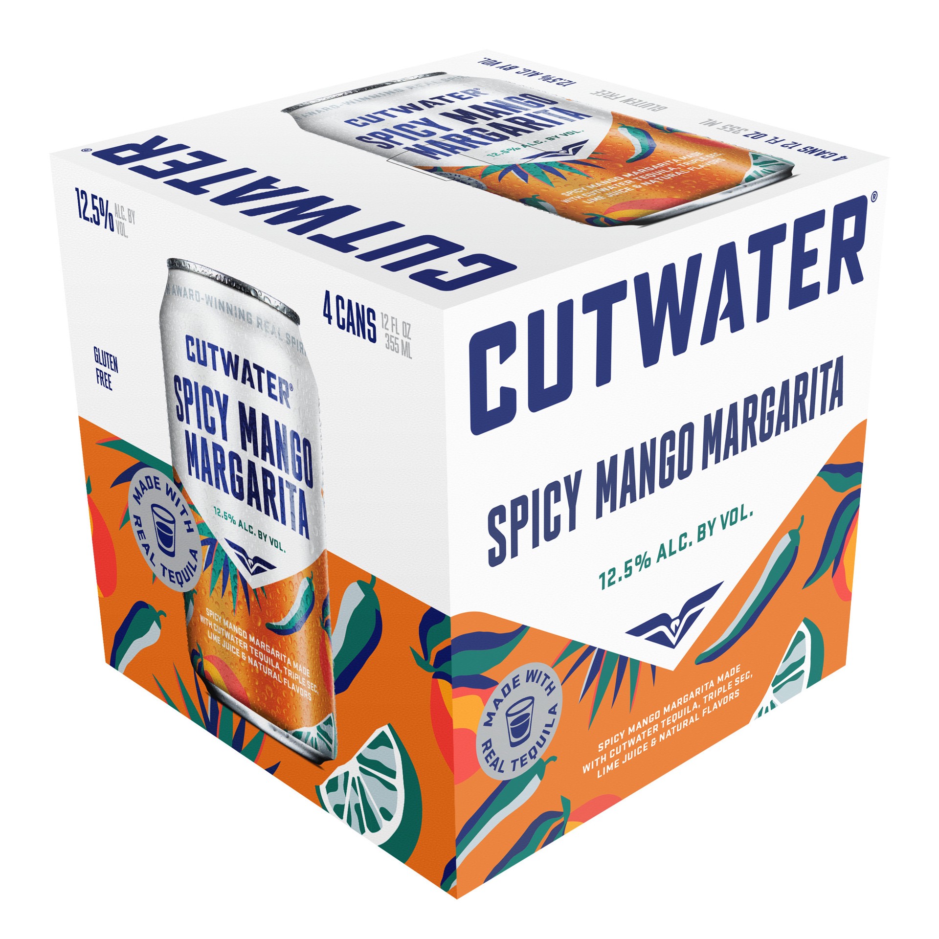 slide 1 of 8, Cutwater Spirits Tequila Spicy Mango Margarita 4 Pack 12 fl oz Cans, 48 fl oz