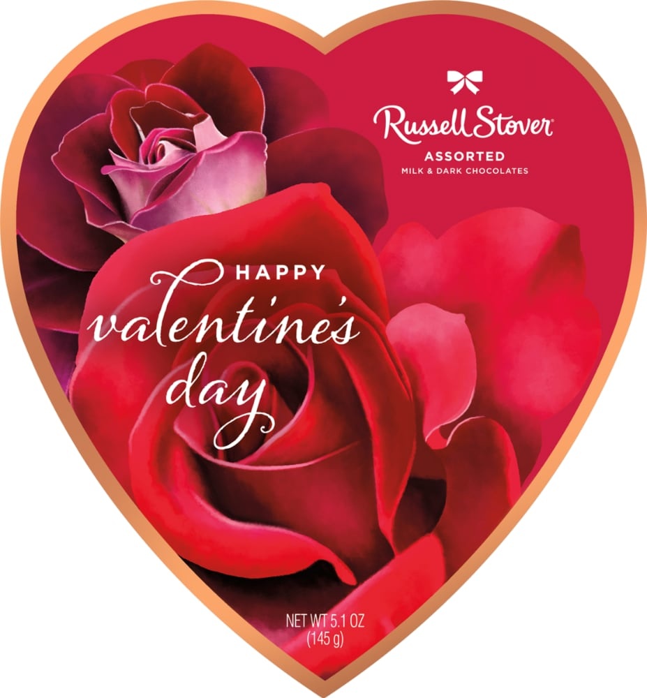 slide 1 of 1, Russell Stover Valentine's Day Assorted Milk & Dark Chocolates Heart Box, 5.1 oz