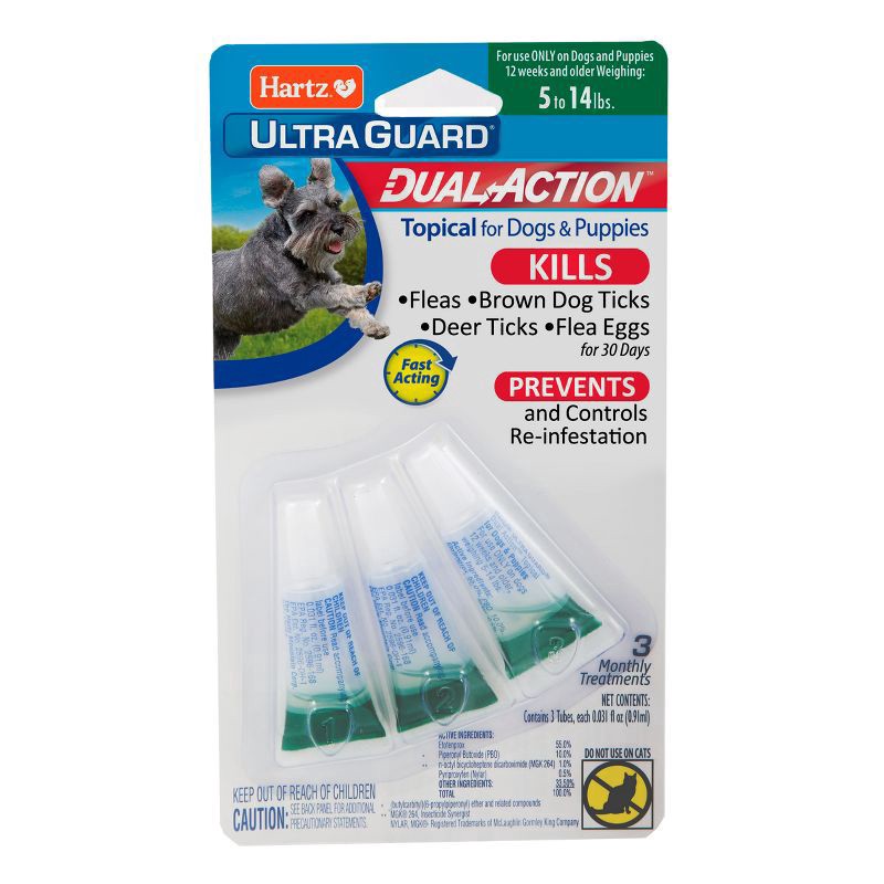 slide 1 of 19, Hartz UltraGuard Dual Action Flea & Tick Topical for Dogs and Puppies 5-14lbs, 3 Month Supply, 3 ct