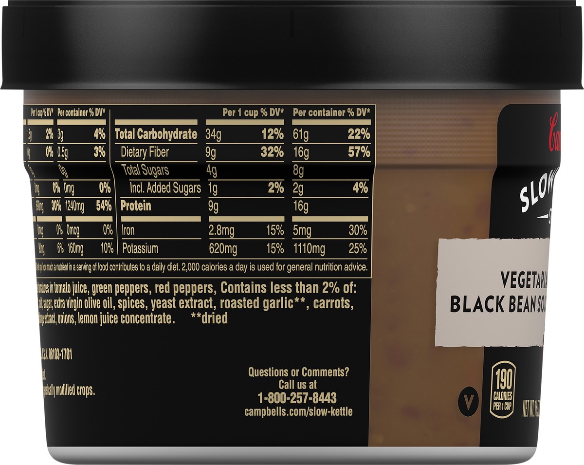 slide 4 of 12, Campbell's Slow Kettle Style Vegetarian Black Bean Soup, 15.5 oz. Tub, 15.5 oz